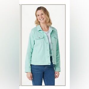 EUC Denim & Co Easy Stretch Denim Crop Jacket in Eggshell Blue, size XL